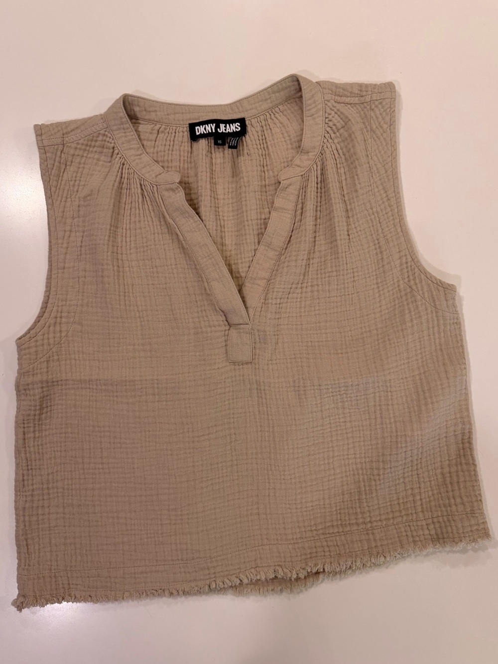 DKNY Jeans Cotton Gauze Split Neck Sleeveless Top Tan XS